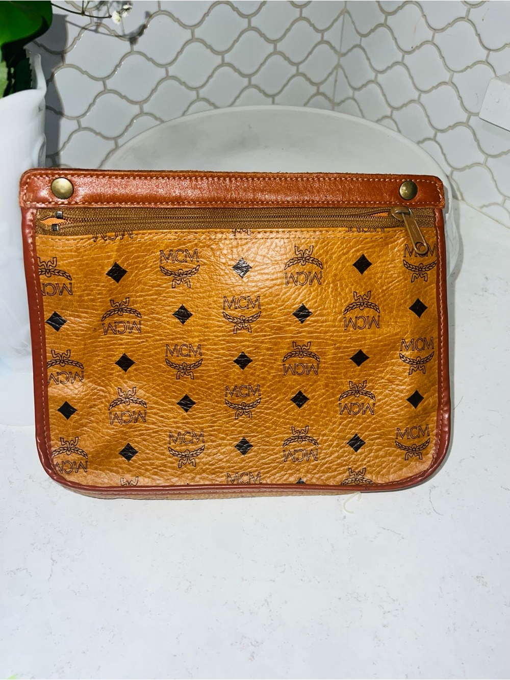 Vintage MCM Visetos Cognac Leather Monogram Zip Pouch Clutch Portfolio Bag